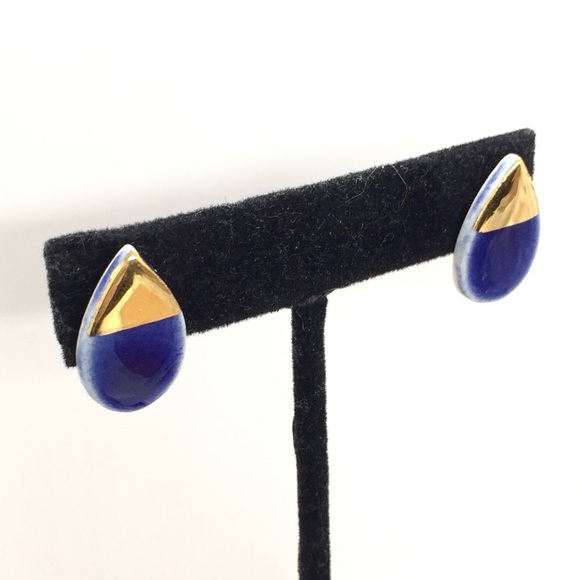 3/$30 PORCELAIN GOLD DIP BLUE GLAZE TEARDROP STUD EARRINGS STERLING SILVER PETAL - Picture 8 of 16